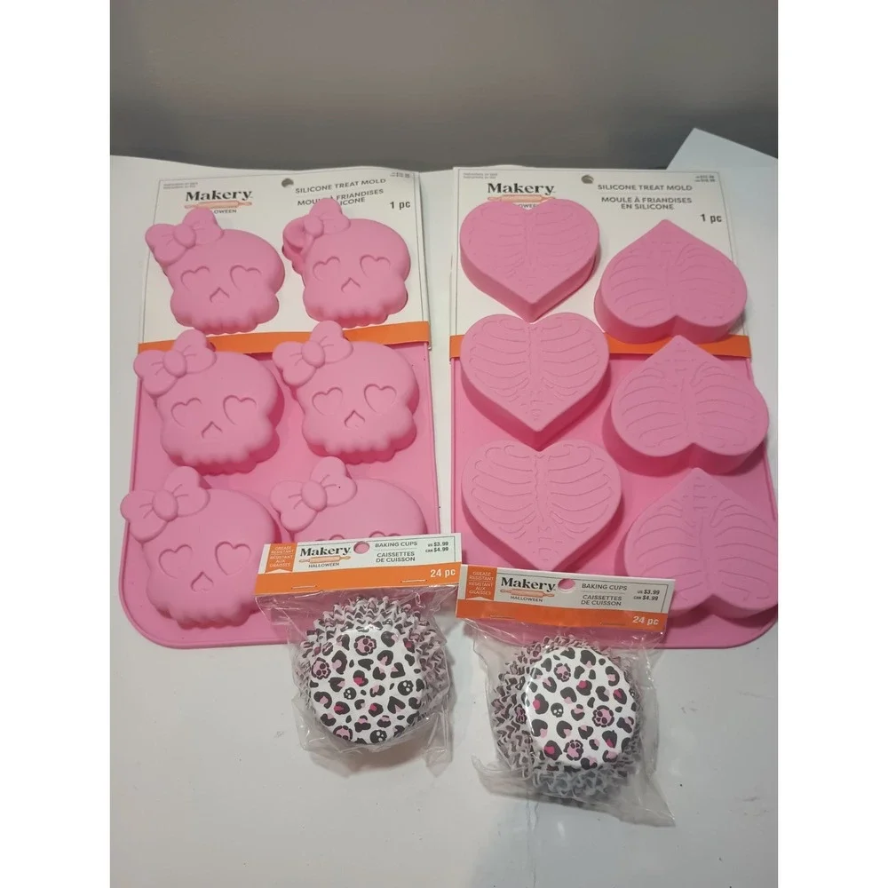 Makery Pink Halloween Baking Lot 2 Silicone Molds Skulls Ribcage Hearts 48 Cups